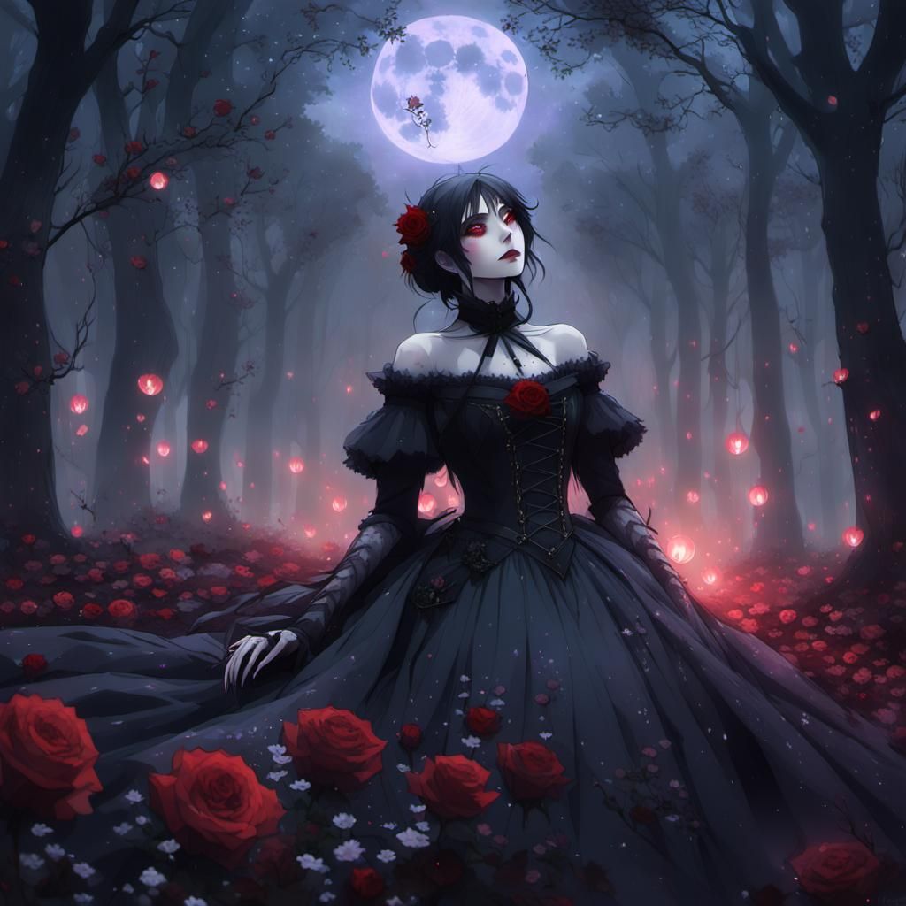 Gothic Girl in Rose Forest with Blood Moon