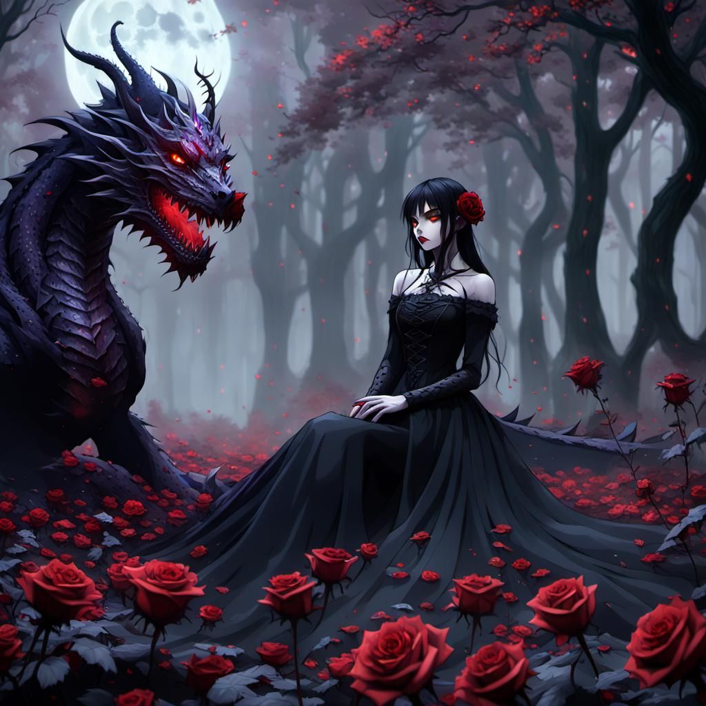 Gothic Anime Girl with Dragon and Blood Moon