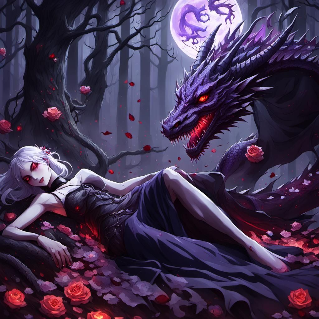 Gothic Anime Girl and Dragon Under Blood Moon