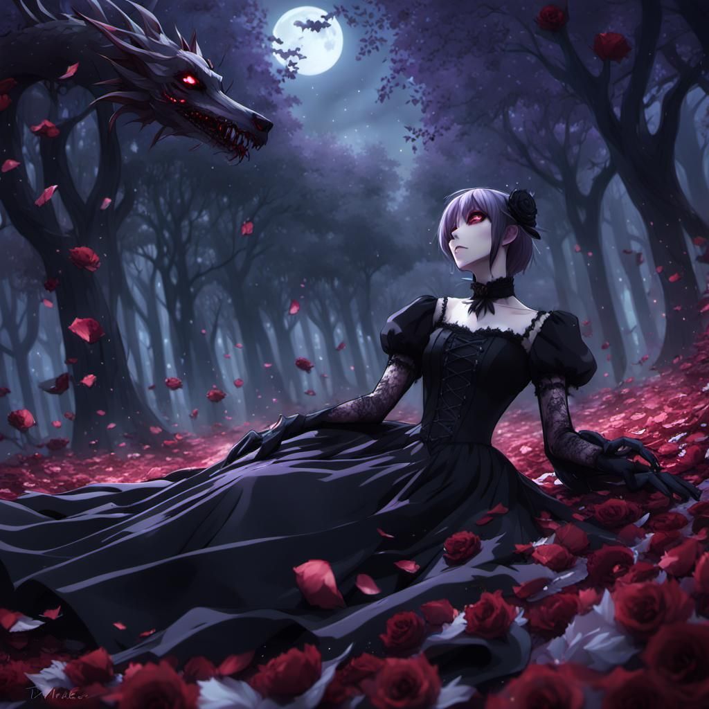 Gothic Anime Girl with Dragon and Blood Moon
