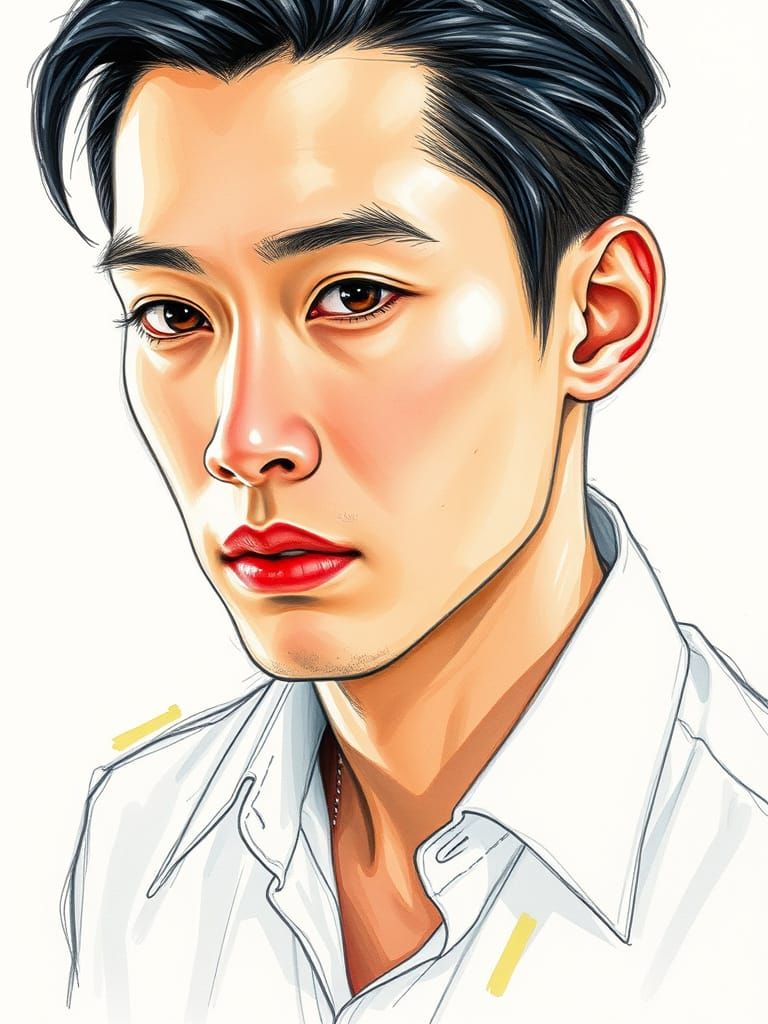 Introspective Asian Man: Expressive Color Pencil Sketch