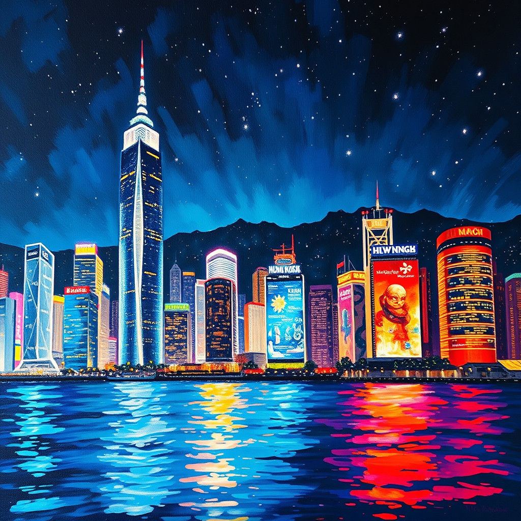Hong Kong Skyline at Night as Impasto Oil Painting