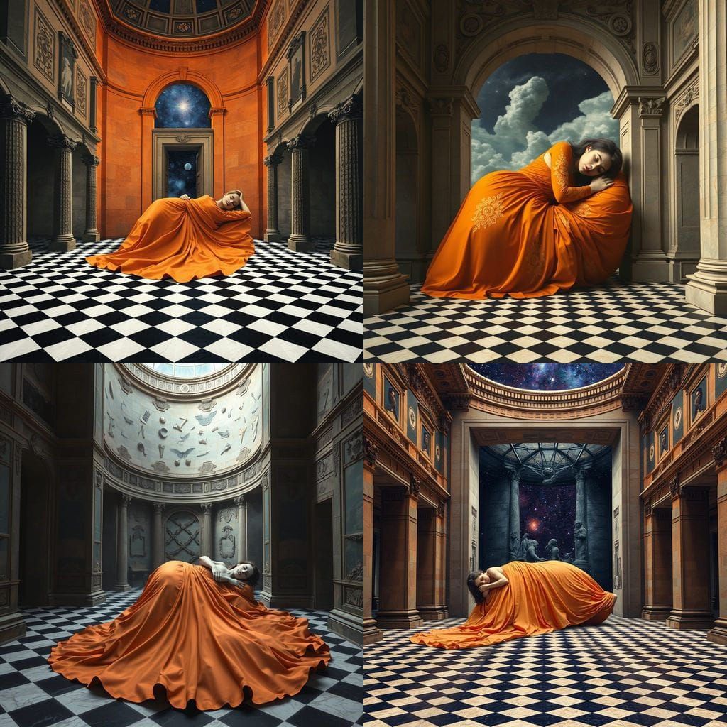 Surrealist Dreamscape with Sleeping Figure and Floating Pot