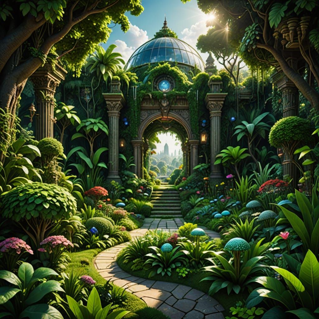 Epic Garden Masterpiece in Cyberpunk Style