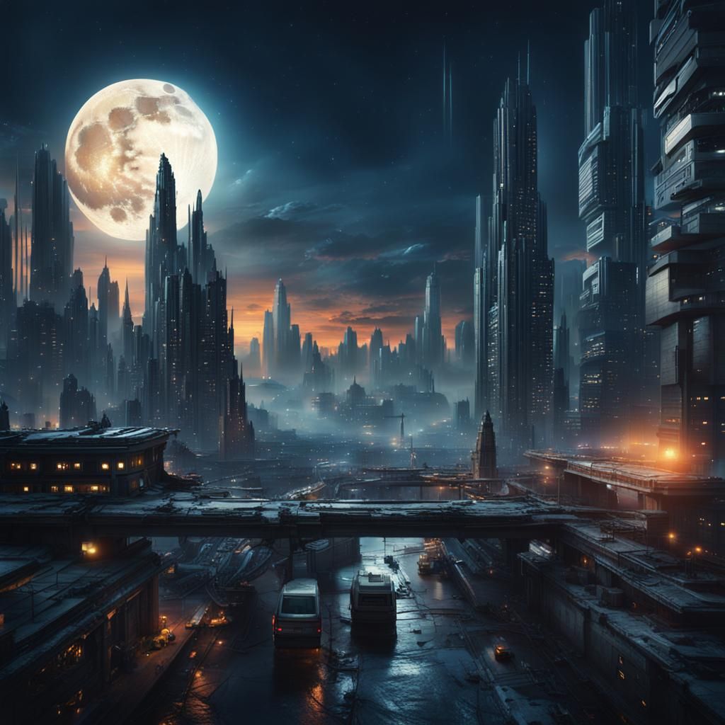 Futuristic City at Nightfall Under Full Moon