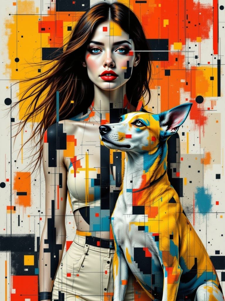 Stylized Woman and Dog in Cubist Basquiat Style