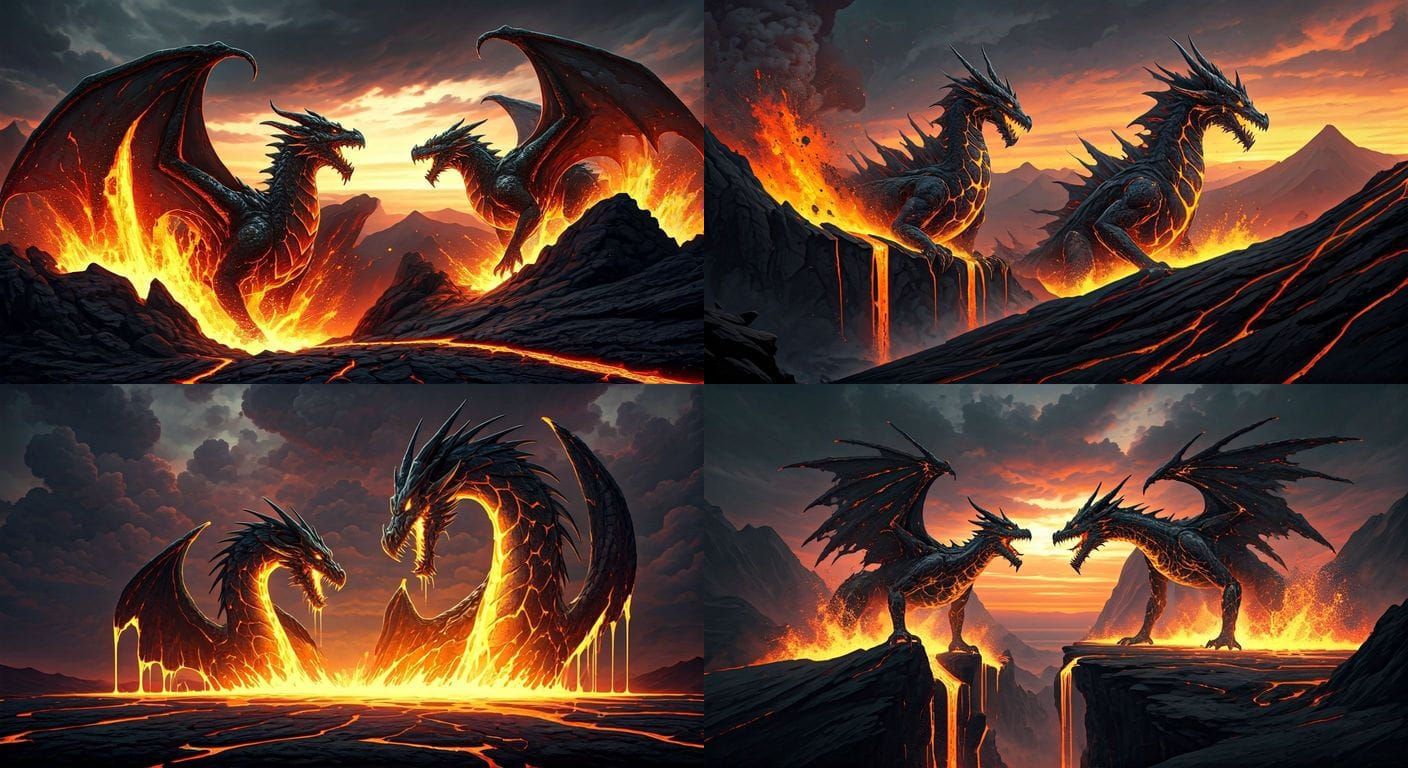 Lava Dragons Emerge From Volcano At Sunset