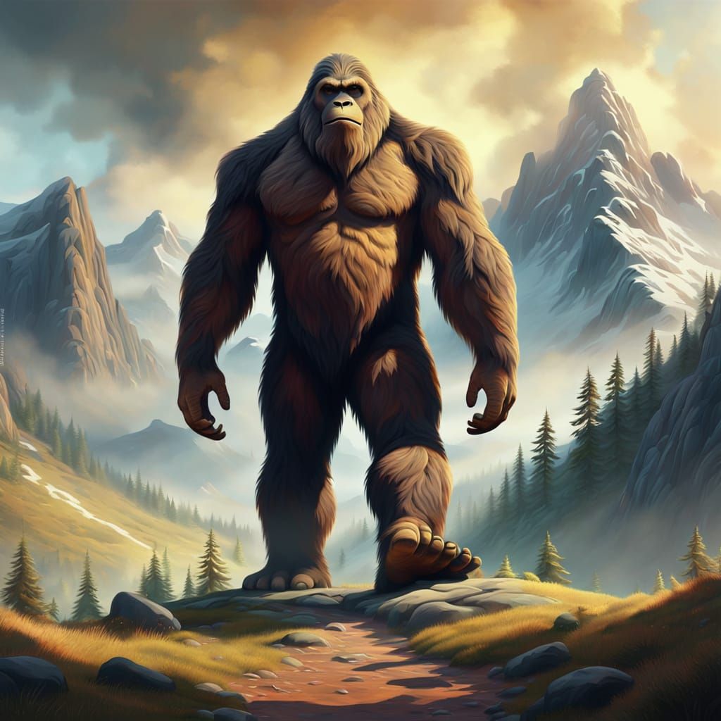 Big Foot in Misty Mountains: Surreal Oil Painting