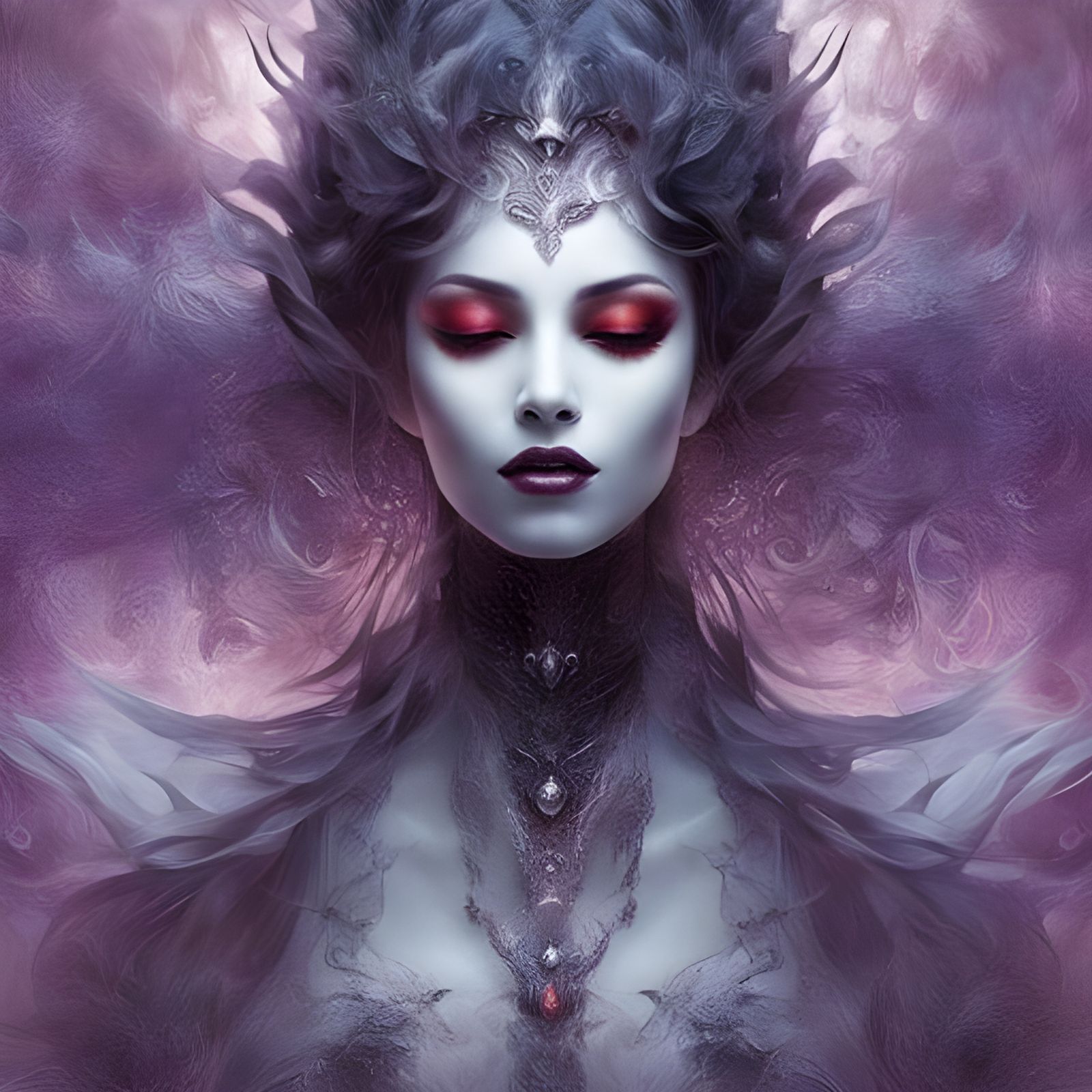 Ghostly Blind Girl Portrait with Devil Face Patterns