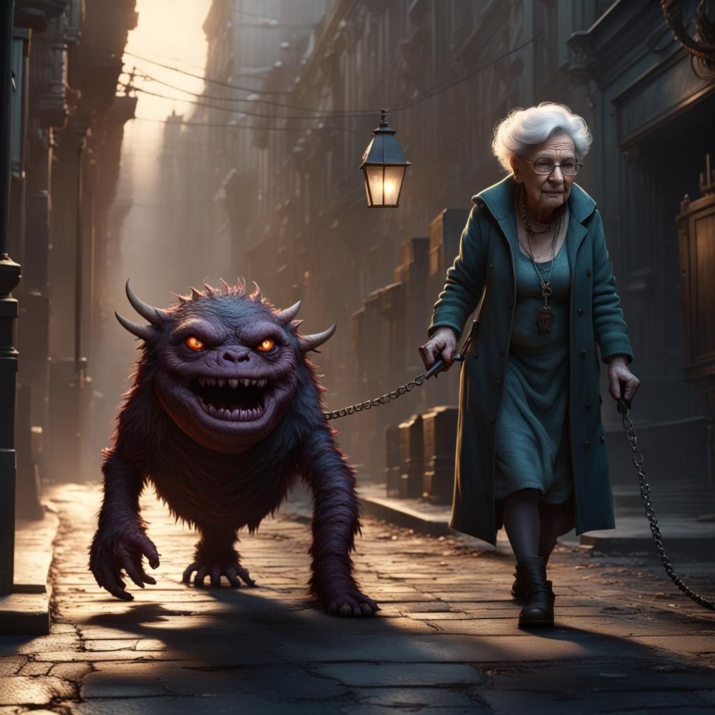 Urban Fantasy: Old Lady Walking Pet Monster