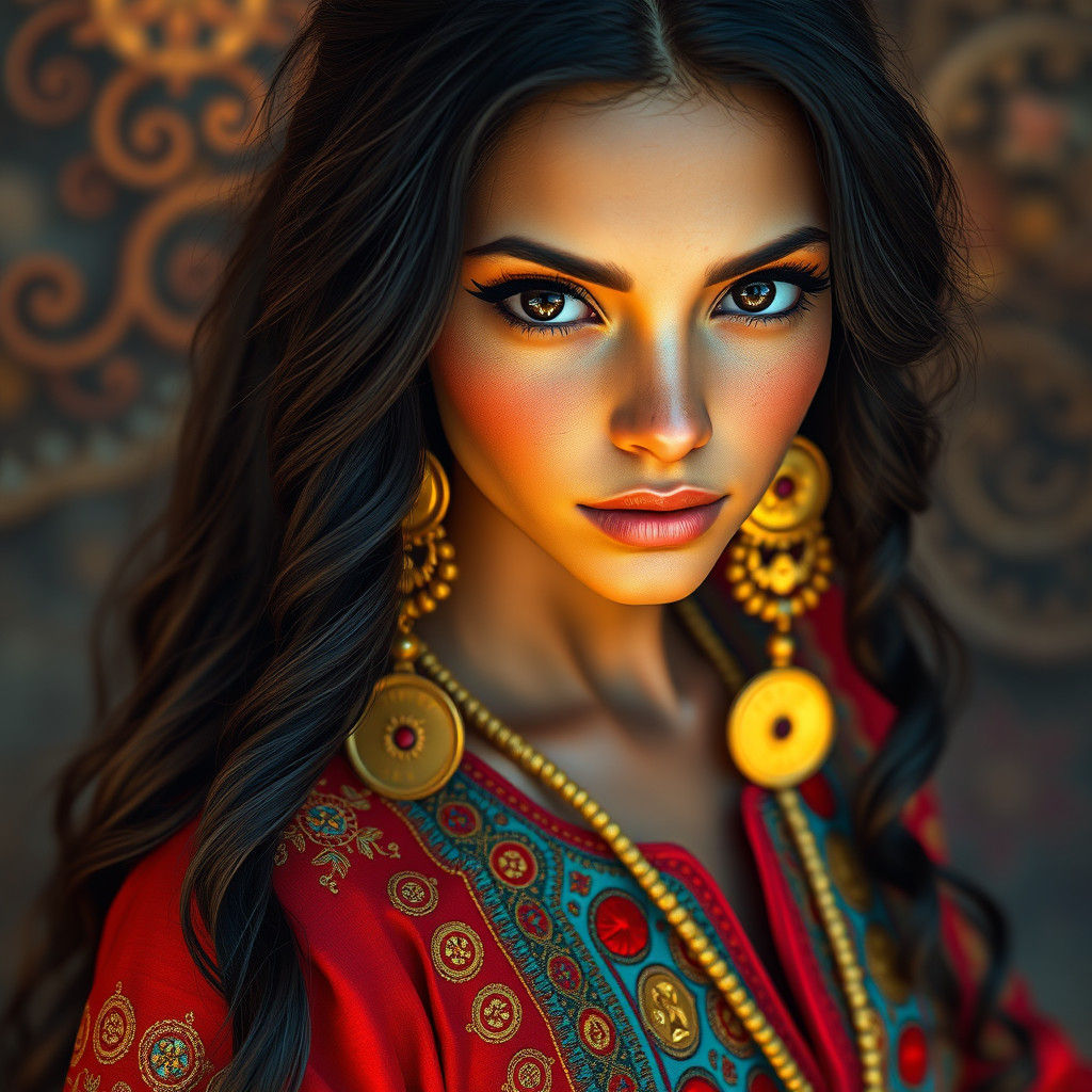 Fantasy Portrait of Romani Woman in Vibrant Dress