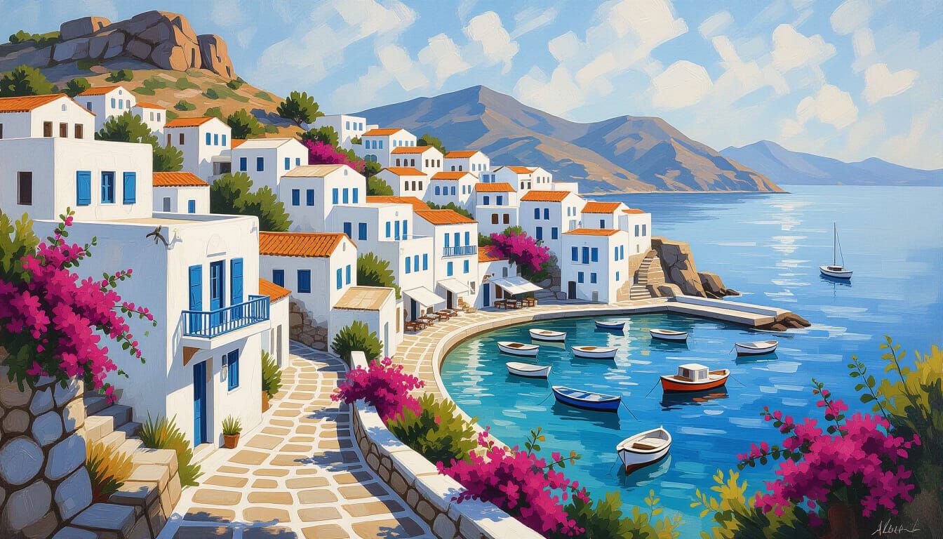 Charcoal Drawing of Greek Coastal Village