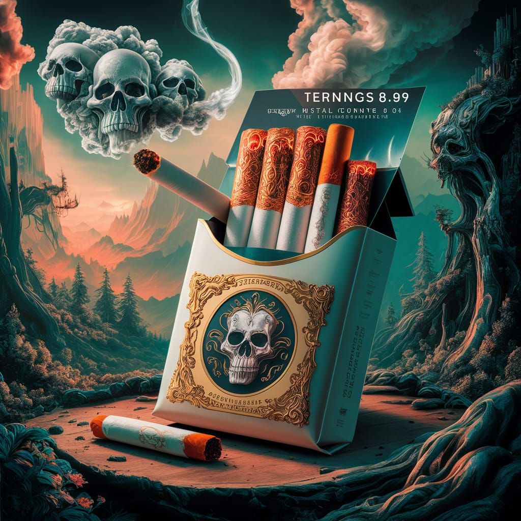 Surreal Cigarette Packet with Skull Smoke, Digital Art
