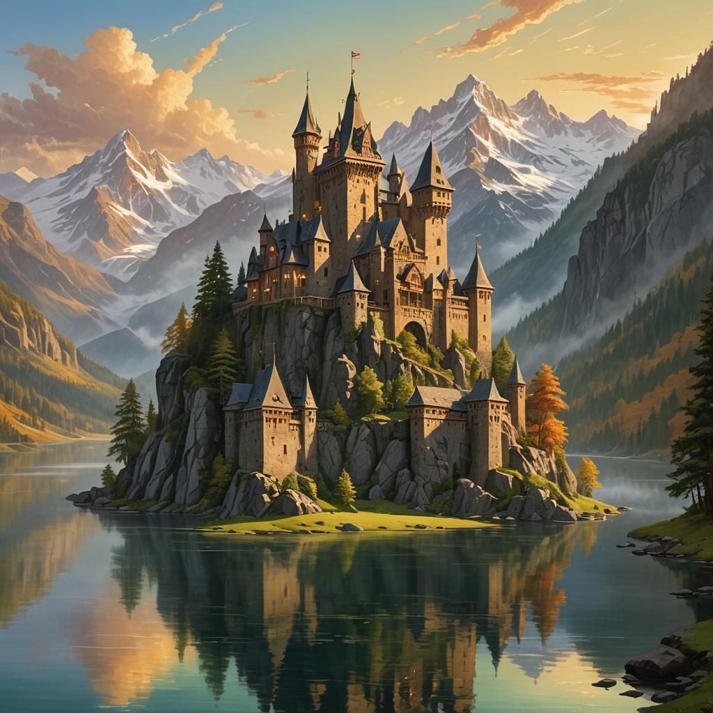 Majestic Castle on Misty Lake at Sunset