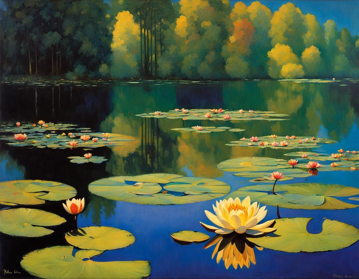 Water Lilies in Lake, Decorative Style