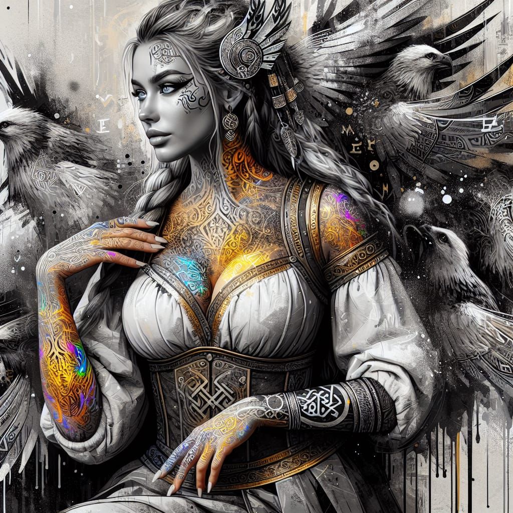Beautiful Norse Woman with Runes in Graffiti Art