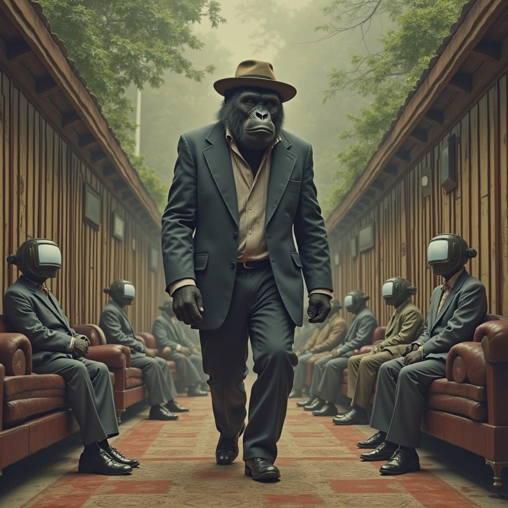 Anthropomorphic Gorilla in Reversed Zoo, Retrofuturism