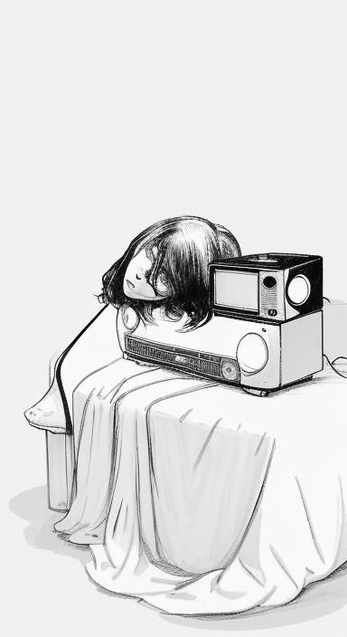 Woman Reclining on Television in White Dress