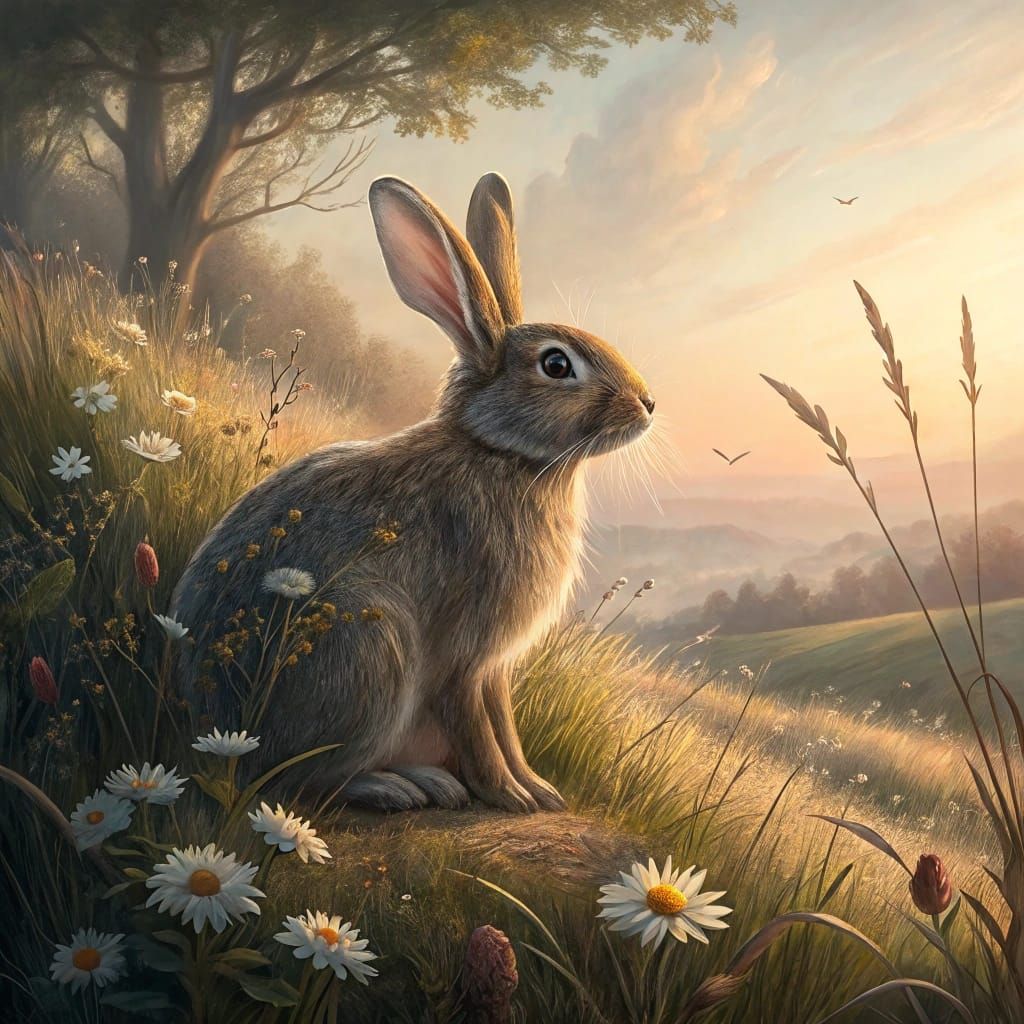 Wild Rabbit Oil Painting at Dawn in Natural Habitat