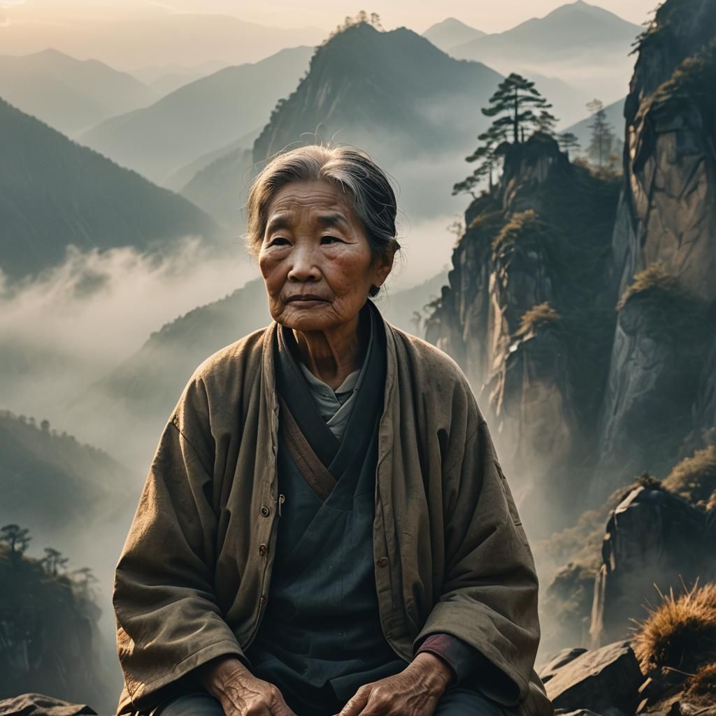 Cinematic Portrait of Chinese Grandmother in Misty Mountains