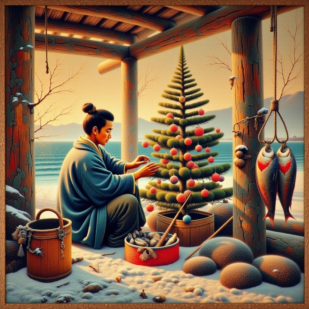 Traditional Japanese Fisherman Adorns Christmas Tree in Poly...