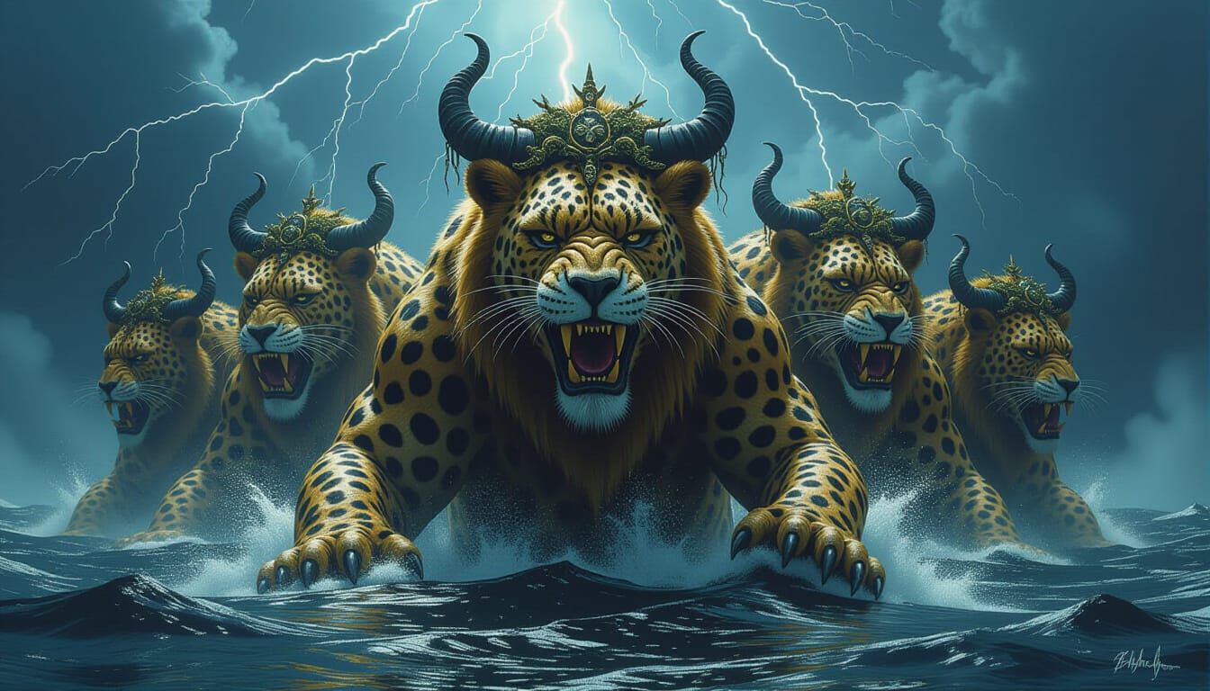 Seven-Headed Leopard Creature Emerges from the Deep