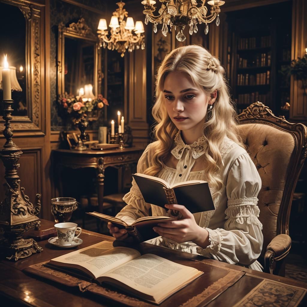 Victorian Girl Reading Book at Night