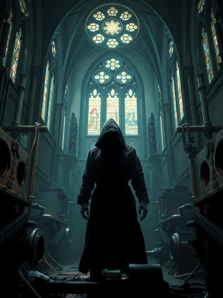 Hooded Figure in Gothic Dystopia