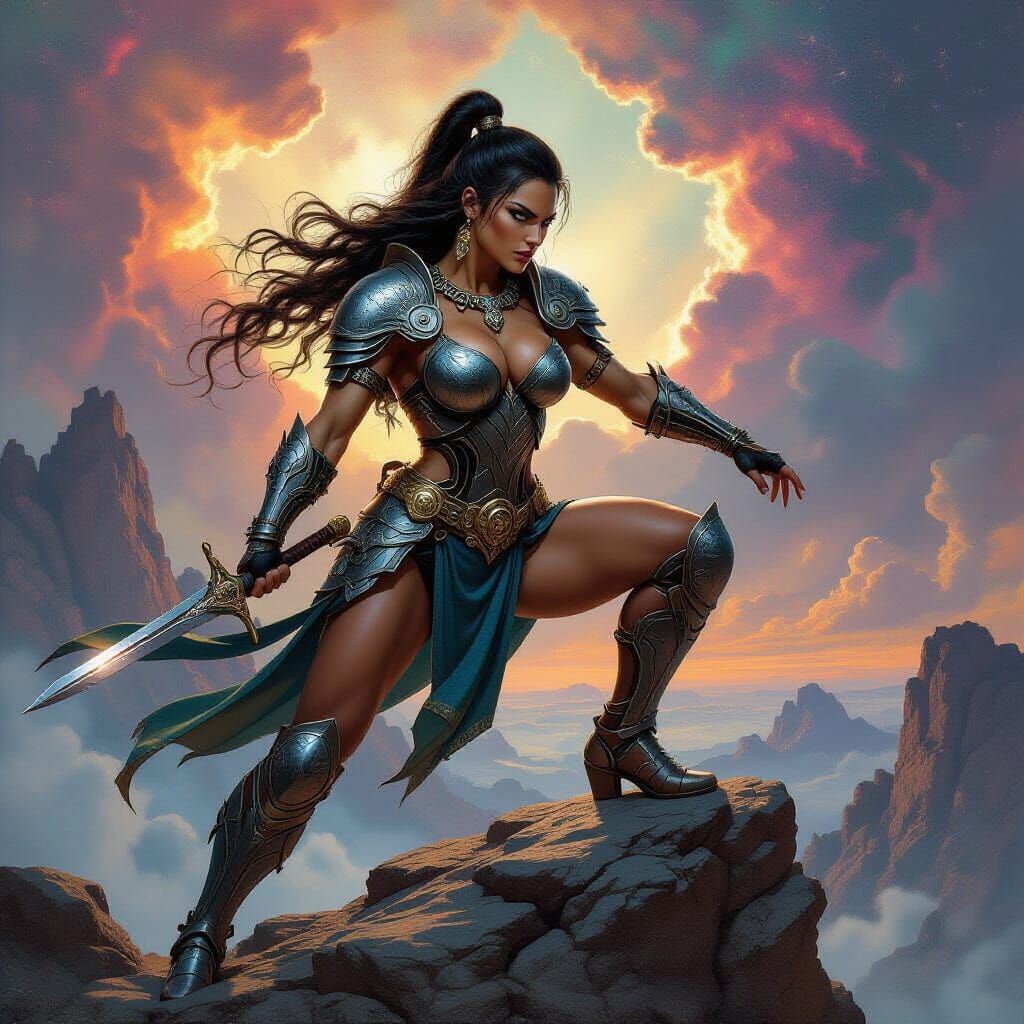 Amazon Warrior in Biomechanical Armor Overlooking Nebula