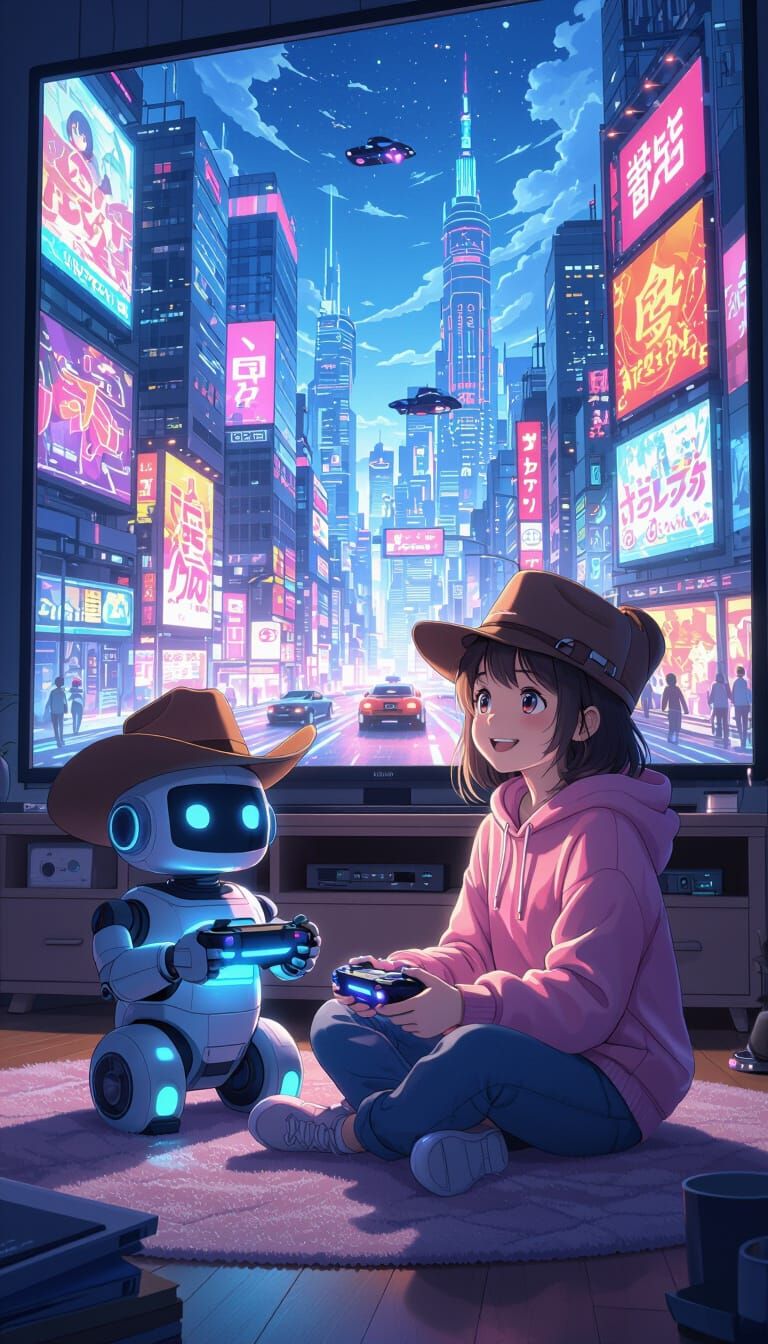 Girl and Robot Gaming in Cozy Cyberpunk Apartment