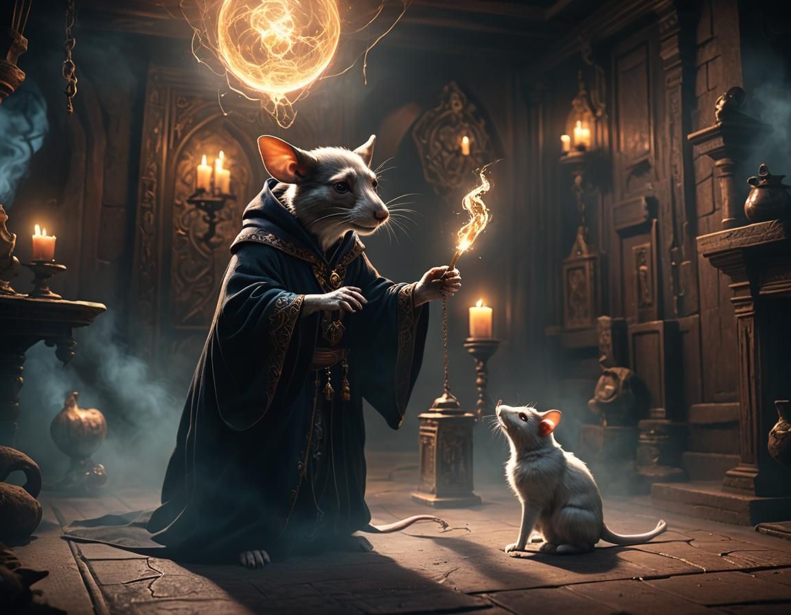 Mouse Mage Conjures Ghostly Dog in Dark Chamber