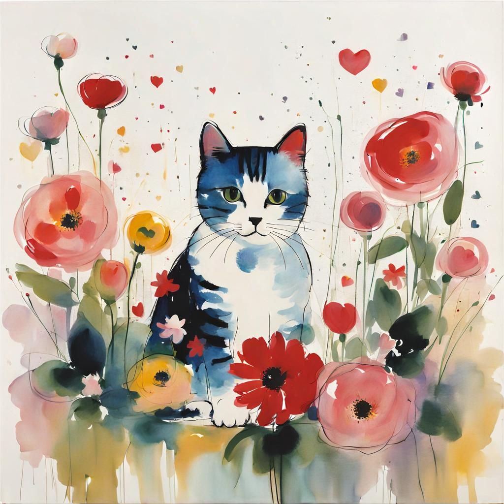 Cat with Flowers in Scribble Art Style