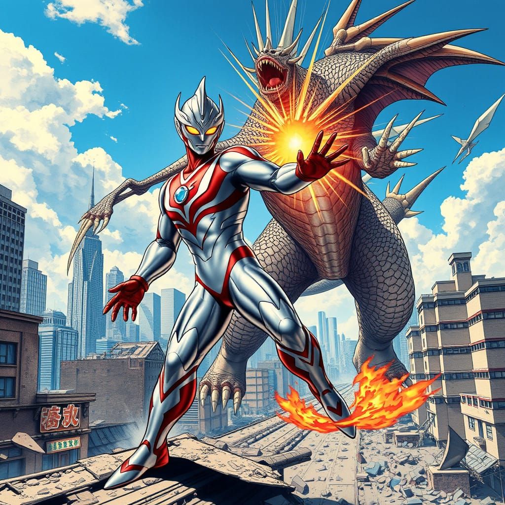Ultraman Battles a Kaiju in a Ruined Cityscape
