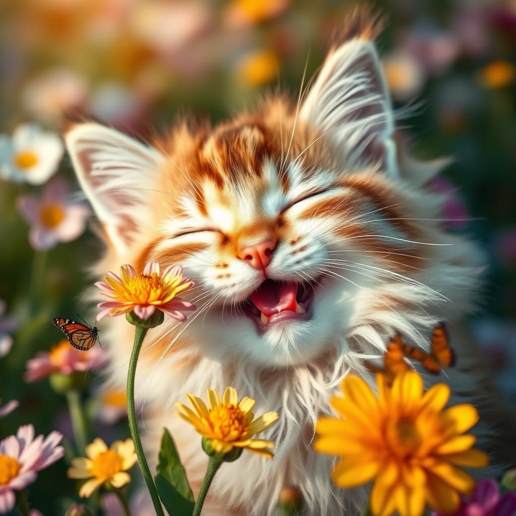 Joyful Cat Surrounded by Vibrant Spring Blooms