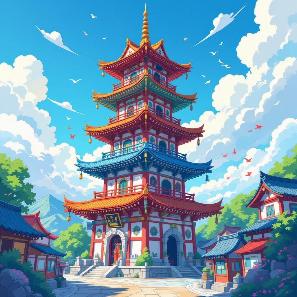 Colorful Anime Tower of Fun in Ghibli Style