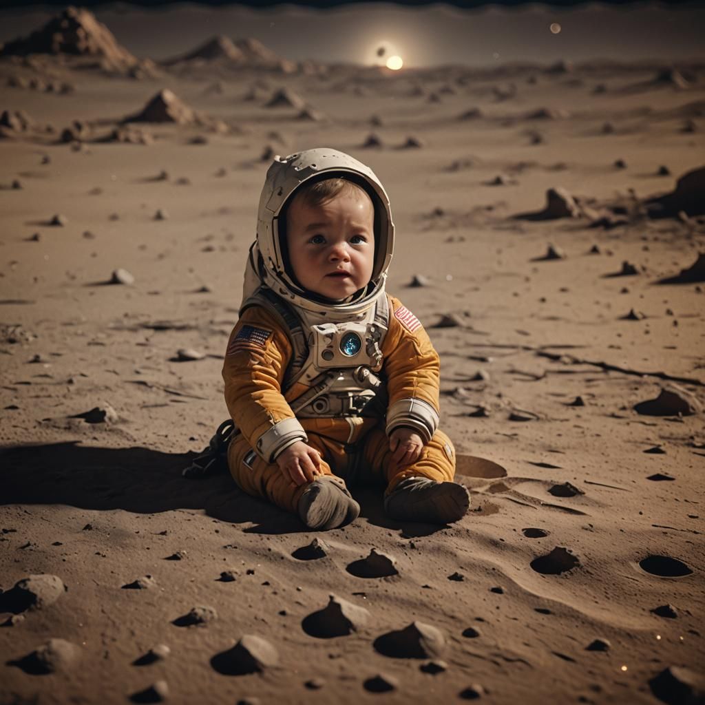 Emotional Crying Baby on the Moon in Cinematic Style