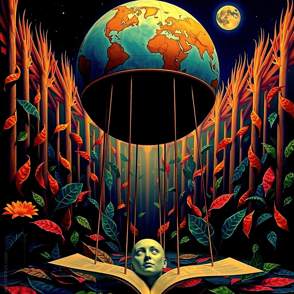 Surreal Chimaera with Teal Hair and Golden Leaves