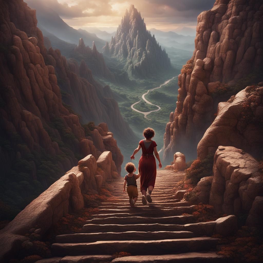 Empowered Woman Climbs Mountain: Fantasy Concept Art