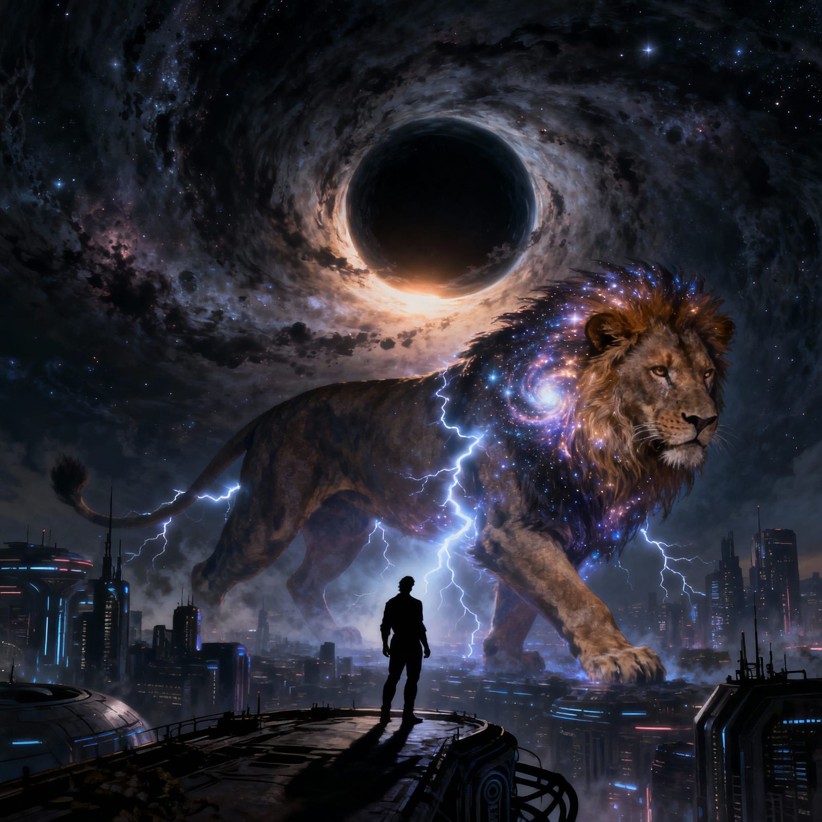Figure Silhouetted Against Future Cityscape with Galaxy Lion