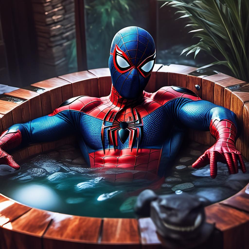 Spider-Man Relaxing in a Spa, Hyperrealistic Art