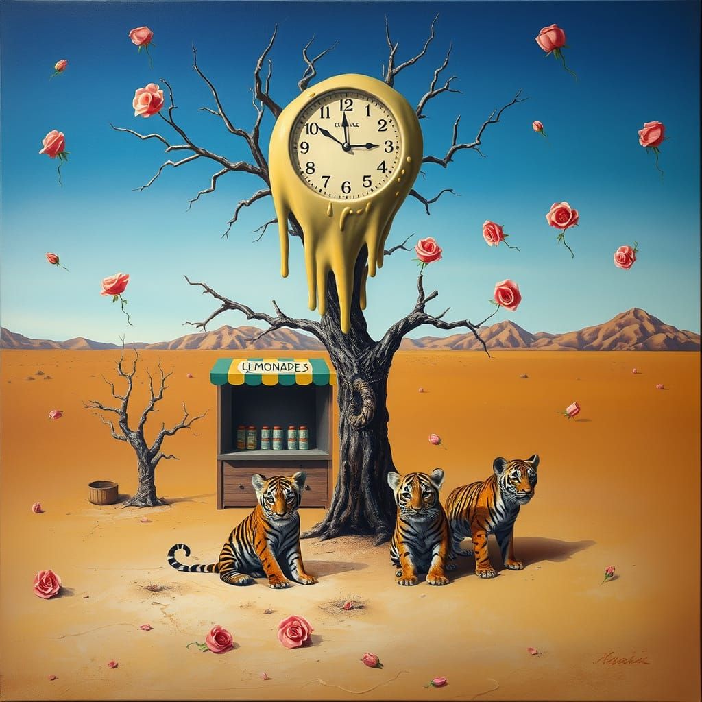 Surreal Melting Clock Oil Painting with Tiger Cubs