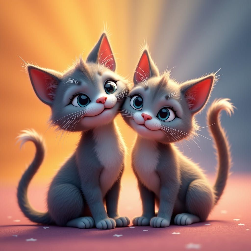 Cute Gray Tabby Cats in Whimsical Pixar-Inspired Scene