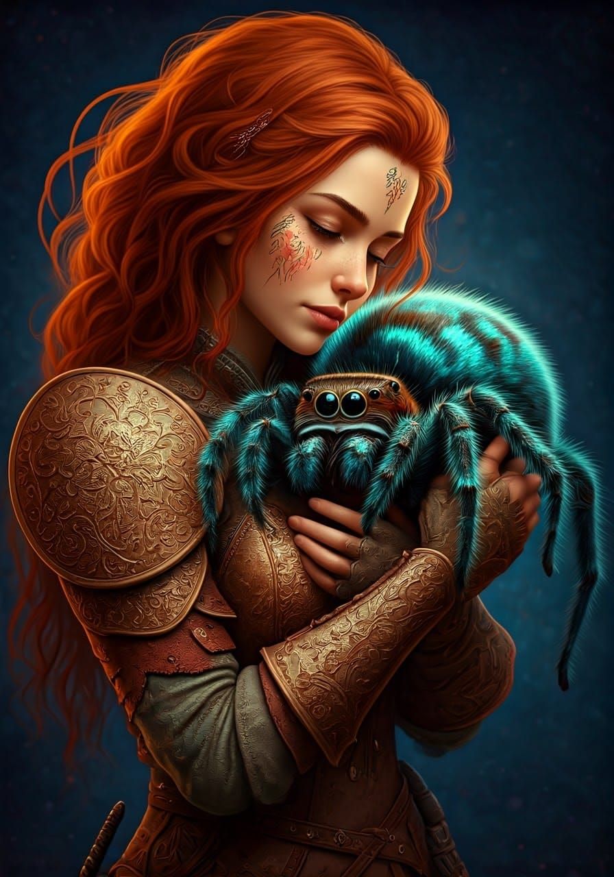 Woman in Earthy Leather Armor Tenderly Holds Iridescent Jump...