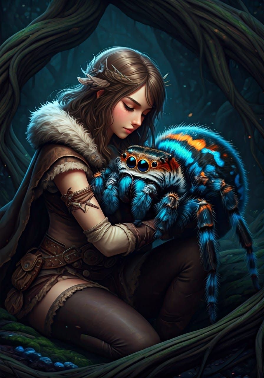 Fantasy Adventurer with Giant Jumping Spider