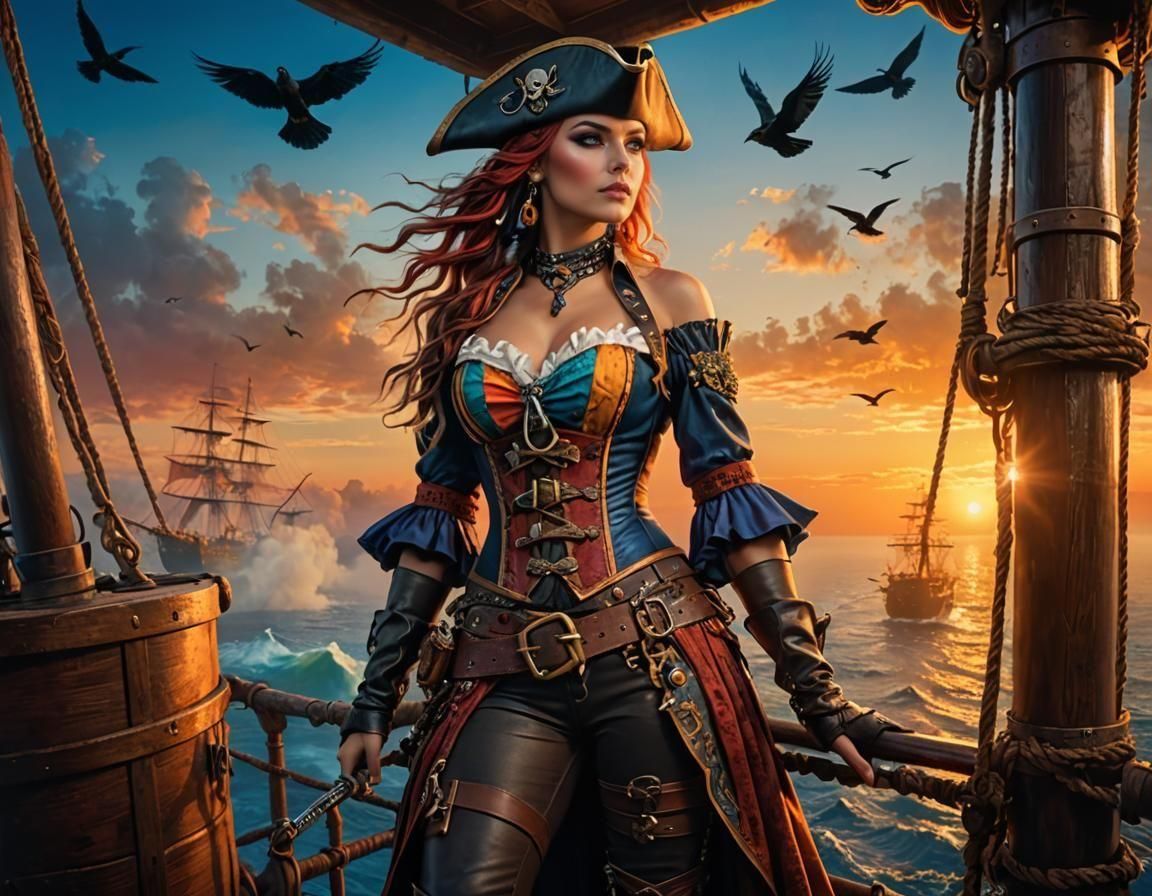 Female Pirate at Sunrise in Pop Art Style