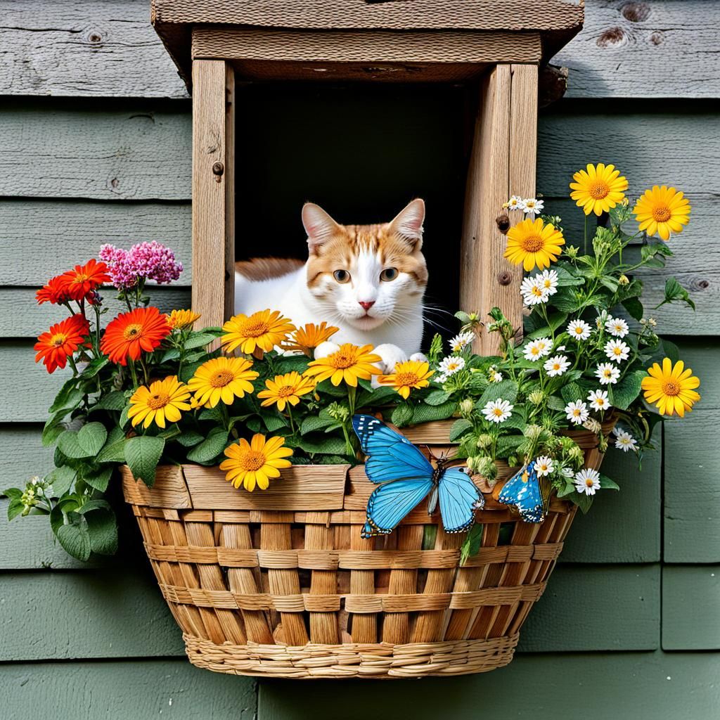 Intricate Balcony Scene with Cat and Flowers