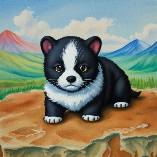 Baby Oreo on High Ground as Gouache Painting