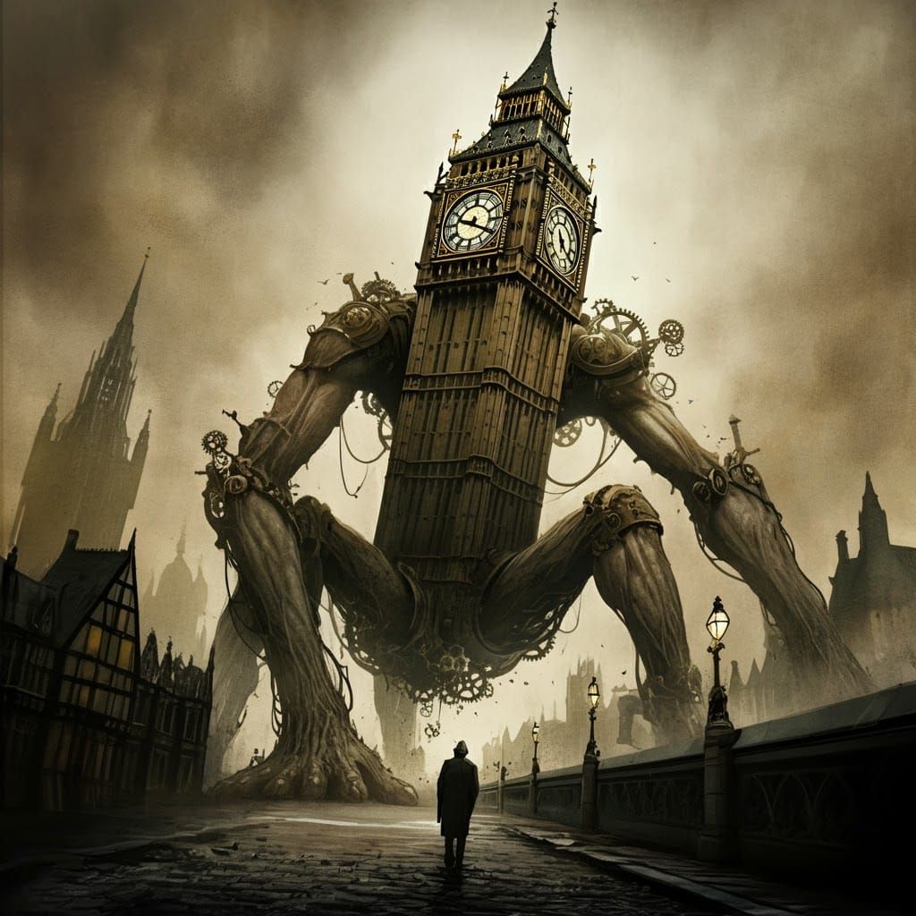 Biomechanical Big Ben Monster in Dystopian London
