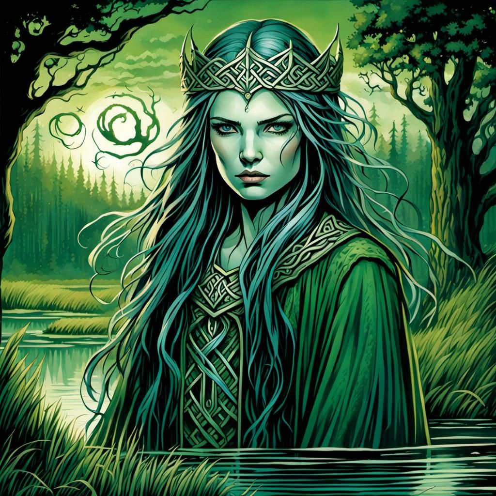 Celtic Fairy Princess in Lush Swampland, Watercolor Art