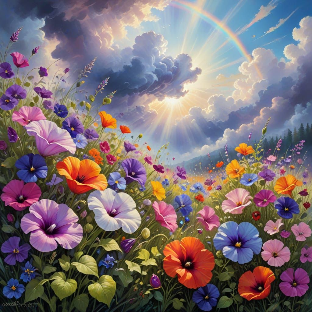 Vibrant Floral Meadow with Rainbow and Sunbeams